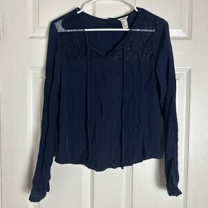 Forever 21 Navy 2016 Flowy Old Money Lace Long Sleeve Blouse Women Size S
